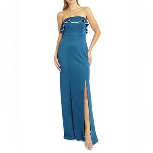 Rene Ruiz Strapless Ruffle Neckline Scuba Gown Bejeweled